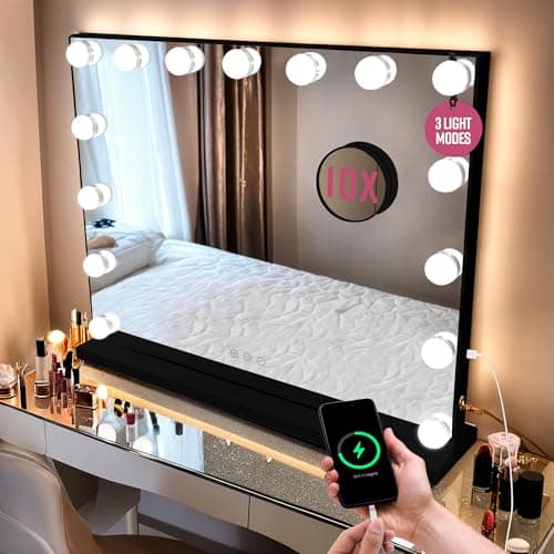 Image of GloBrite Hollywood Vanity Mirror with Lights - 15 LED Bulbs - 3 Lighting Modes, 10x Magnification, Touch Control, USB Charging, Wall/Tabletop, Mirror for Dressing Table, Bathroom or Bedroom - Black