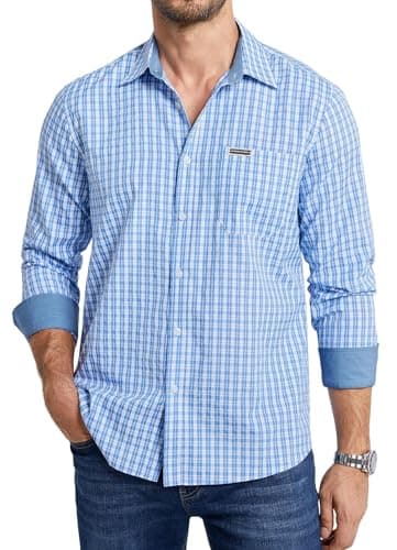Image of Enlision Checked Shirts for Men UK Blue and White Mens Check Plaid Gingham Shirts Long Sleeve Button Down Loose Fit Casual Lumberjack Chequered for Oktoberfest Party XL