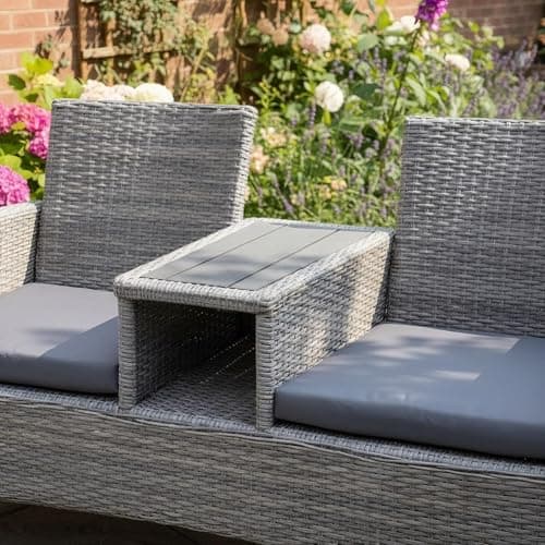 Image of Home Source Lovelle Garden Love Seat with Table – Grey Rattan, Metal Frame, Cushions - 138W x 61.5D x 84H cm - 2 Seater Outdoor Bench