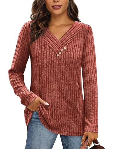 Image of Desol V Neck Jumpers for Women UK Long Sleeve Tunic Tops Cosy Lightweight Thin Going Out Ladies Trendy Fashion Sweaters Red M