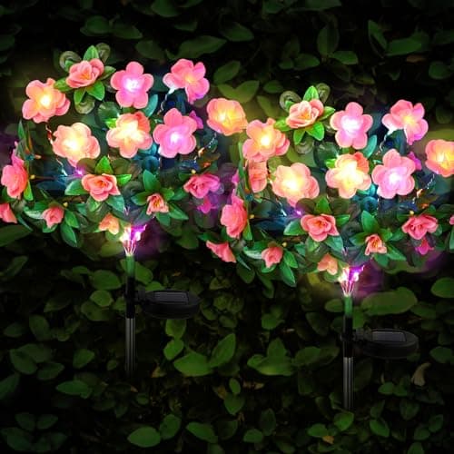 Image of FWLWTWSS Solar Flower Lights Outdoor Garden - 2 Pack Rhododendron Solar Lights, Powered Waterproof with 21 Small Rhododendron Flowers, Garden Ornaments Outdoor (Pink)