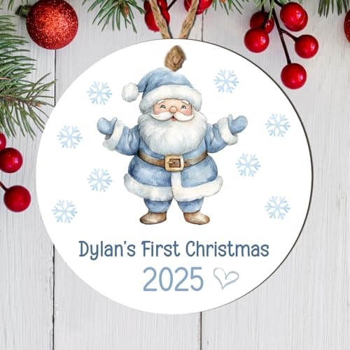 Image of Personalised Baby's First Ornament Hanging Plaque Cute Boys Festive Tree Decoration For 1st Christmas Keepsake Gifts (Santa Claus, MDF Wood - Indoor Use Only)