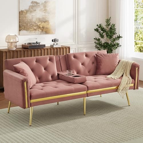 Image of FammyLoft 2-Seater Sofa Bed, Velvet Couch Bed Double with Adjustable Backrest, Loveseat Sofa for Living Rooms, Apartments, and Offices, Couch with Gold Accents and Built-in Cup Holders, Pink