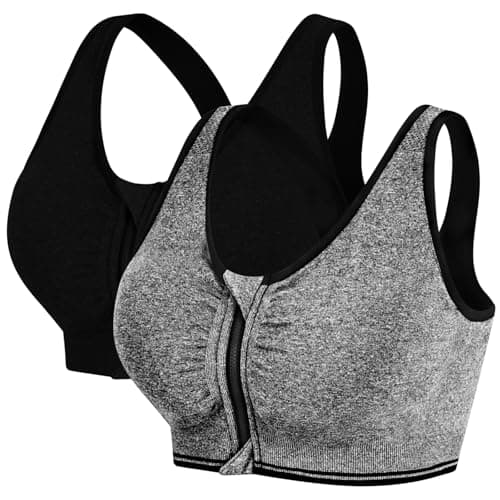 Image of AoToZan 2 Pack Women Sports Bras High Impact Seamless Wireless Padded Yoga Bralette, Zip Front Fastening Workout Running Gym Top Bra (Black Grey, XL)