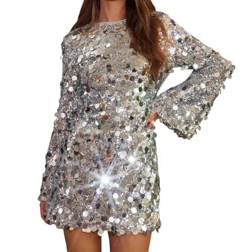 Image of Sequin Dress for Women, Sparkly Flared Long Sleeve Mini Bodycon Dress - Glittery Shiny Party Dresses for Evening Cocktail Prom Clubwear Silver