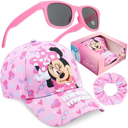 Image of Disney Minnie Mouse Girls Baseball Cap, Sunglasses & Scrunchies Set, Adjustable Sun Hat 100% UV Shades, Travel (Pink Minnie)