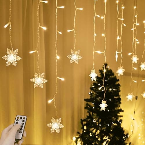 Image of Snowflake Window Curtain Lights, 4m 96 LED Snowflake Christmas Icicle Lights with Remote,18 Drops,8 Modes Twinkle Fairy Light for Christmas Tree,Bedroom,House, Holiday,Yard Decoration(Warm White)