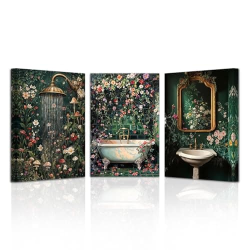 Image of LZIMU Dark Green Bathroom Wall Art 3 Piece Vintage Floral Bathroom Painting Wildflowers Canvas Art Green Plant Pictures Restroom Decor Framed (Black, 12x16inchx3 Pieces)