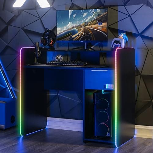 Image of X-Rocker Electra 110cm x 55cm, RGB LED Gaming Desk - Neo Motion™ Sync App-Controlled LED Lights, Built-In Drawer, PC Storage Shelf, Free Standing, Durable Wooden Frame for Kids & Teens - Black