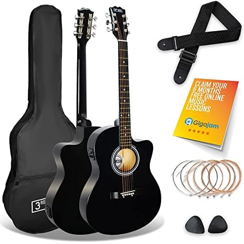 Image of 3rd Avenue Full Size 4/4 Cutaway Electro Acoustic Guitar Pack Bundle for Beginners with 6 Months FREE Lessons, Built-in Tuner and EQ - Black