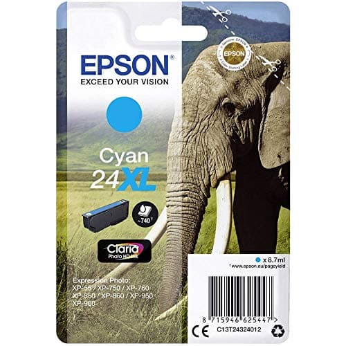 Image of Epson 24XL Cyan Elephant High Yield Genuine, Claria Photo HD Ink Cartridge, XL High Capacity