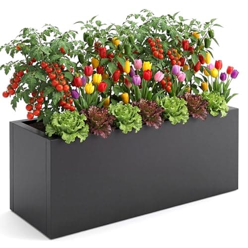 Image of Warmiehomy Raised Beds for Garden, Galvanised Steel Trough Planter Outdoor Planter Box with Drainage Holes, 70x30x30cm, 60L Metal Garden Bed with Safety Edging for Vegetables, Flowers, Herbs, Black