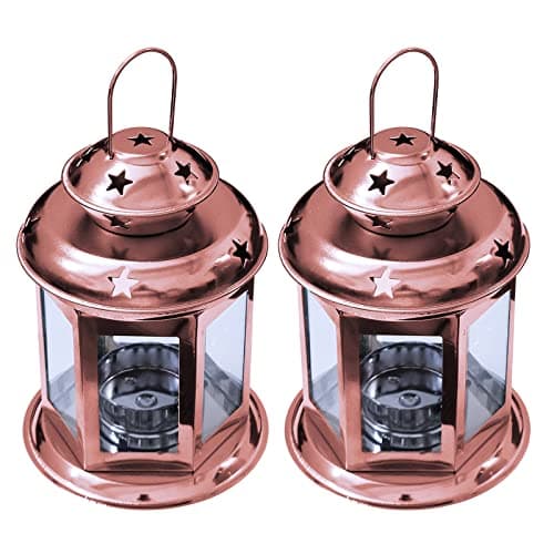 Image of Pair of European Design Antique Glass Hanging Candle Lanterns with Stars Metal Frame Candlestick Holder Night Lamp, Romantic Xmas Wedding Party Decoration Original Package (Bronze)