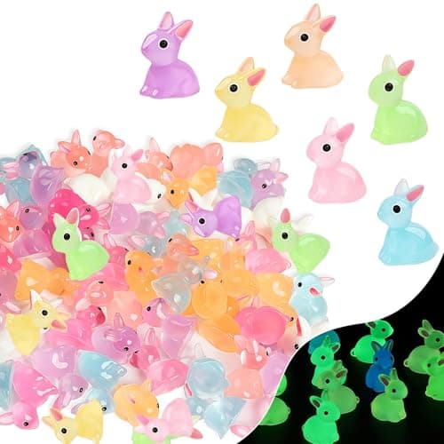 Image of 60pcs Mini Rabbits, 6 Colors Luminous Small Resin Tiny Bunny Little Miniature Plastic Easter Bunny Figurines Duck Bulk for Garden Landscape DIY Miniature Dollhouse Easter Egg Fillers Party Favors