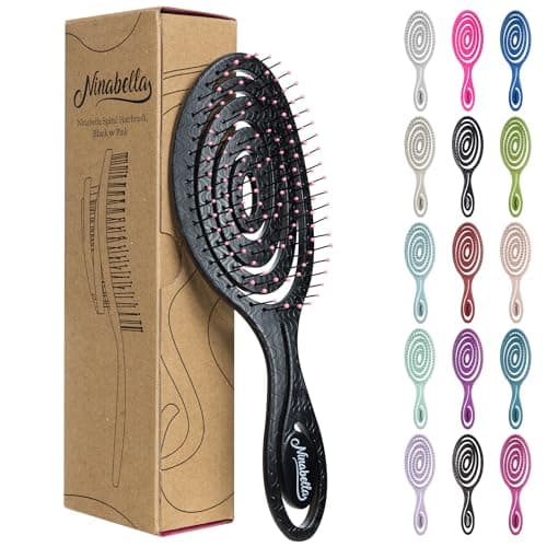 Image of Ninabella Detangling Hair Brush for Women & Men - Does not Pull, Removes Tangles, Brushes for Straight, Curly & Wet Hair - Detangle Brush - Unique Spiral Hairbrush, Black with Pink