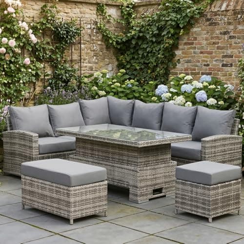 Image of Club Rattan Harmony High Back Left Hand Corner Sofa Set with Rising Table in Grey, 9 seater rattan garden Garden furniture