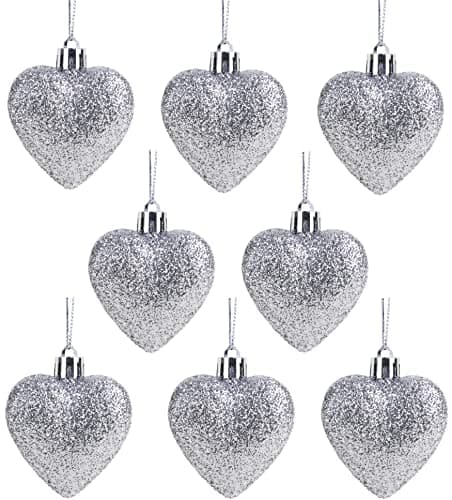 Image of Christmas Concepts® Pack of 8-60mm (2.4") Heart Shaped Christmas Tree Baubles – Glitter Decorated Baubles (Silver)
