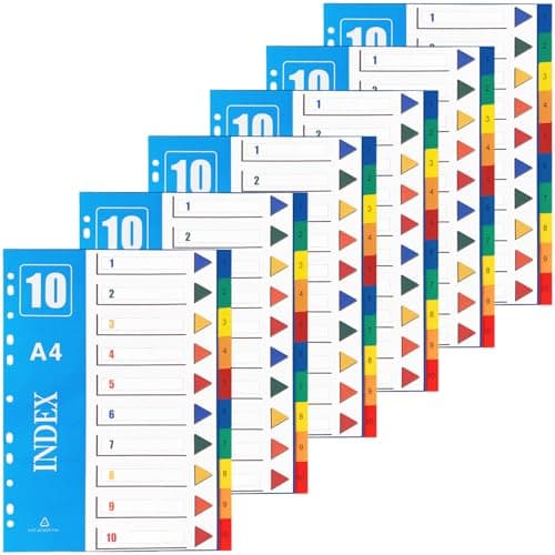 Image of 1-10 Part File Dividers A4【6 Pack】 Plastic A4 Folder Dividers for Ring Binders with11-Holes, Multi Colours File Divider for Lever Arch, Multipurpose Porous Index Dividers for School Home Work Office