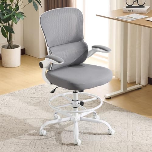 Image of Karl home Drafting Chair, Ergonomic Office Chair with Adjustable Footrest Ring, Adaptive Lumbar Support, Padded Flip Up Armrests, Breathable Mesh Upholstory for Home or Drawing Use (Grey