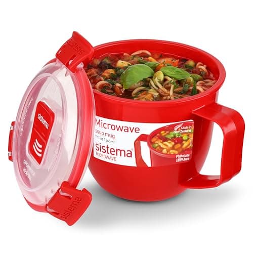 Image of Sistema Microwave Small Soup Mug | 565 ml | Microwave Food Container with Steam-Release Vents | BPA-Free | Red | 1 Count