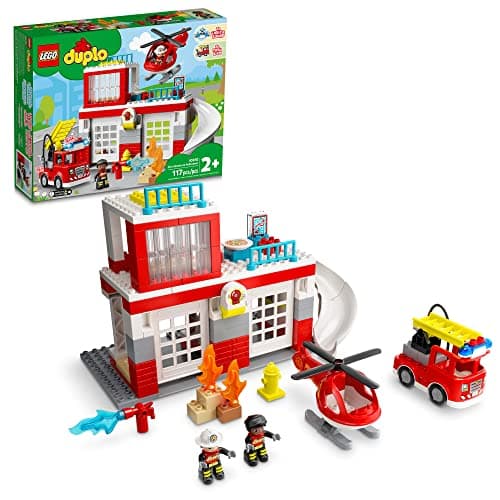 Image of LEGO DUPLO Fire Station & Helicopter Playset 10970, with Push & Go Truck Toy for Toddlers, Boys and Girls 2 Plus Years Old, Large Bricks Educational Learning Toys