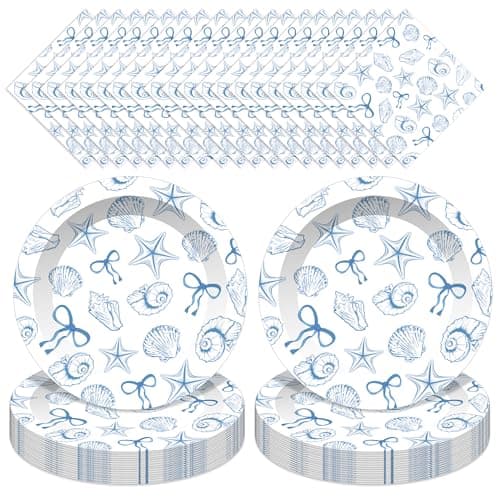 Image of Jisfigtrh 60PCS Blue Bow Seashell Tableware Kit 7" Under The Sea Dinner Plates Ocean Dessert Plates Beach Starfish Seashell Party Supplies for Kids Girls Boys Birthday Graduation Events
