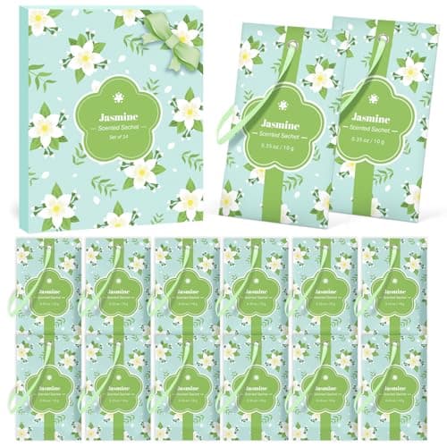 Image of SCENTORINI Scented Sachets Jasmine Fragrance - Hanging Floral Wardrobe Freshener Drawer Deodorizer Bags - 14pcs Natural Long Lasting Sachet for Closet, Car, Linen, Gift Use