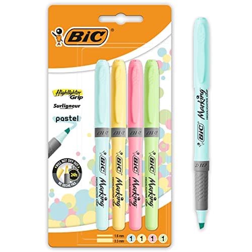 Image of BIC Highlighters Grip Pastel Colours - Highlighter Pens Multipack - Stationery Supplies Pack of 4