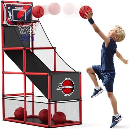 Image of HYES Basketball Arcade Game, Basketball Hoop for Kids with 4 Balls & Pump, Single Shot Basketball Hoop Indoor Outdoor, Arcade Games Sport Toys Gifts for Boys Girls Teens Ages 3-12 Years Old