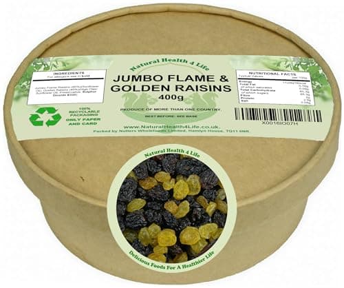 Image of Natural Health 4 Life Jumbo Flame and Golden Raisins Mix 400g – Seedless, Naturally Sweet, Vegan & Gluten-Free, Low Fat – Great for Snacking, Baking & Fruit Mixes, Eco-Friendly Kraft Tub