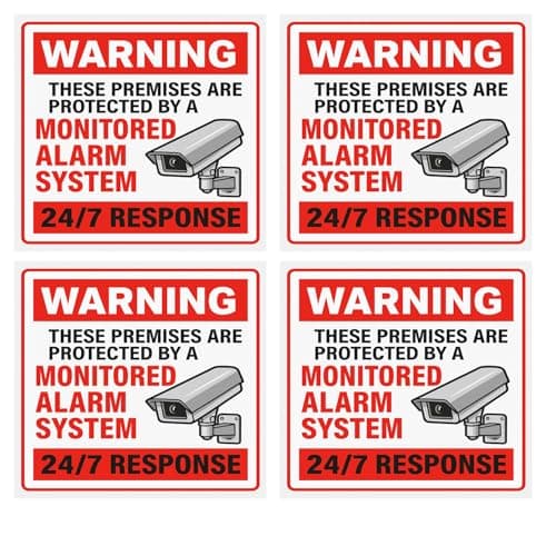 Image of CCTV & Alarm System Warning Stickers – 24 Hour Monitored Premises Sign – Self Adhesive – 100mm x 100mm – 4 Pack