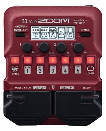 Image of ZOOM B1 FOUR Compact Bass Multi-Effects Pedal with looper, drum machine, 70 effects & tuner for live & recording, stage & studio, red