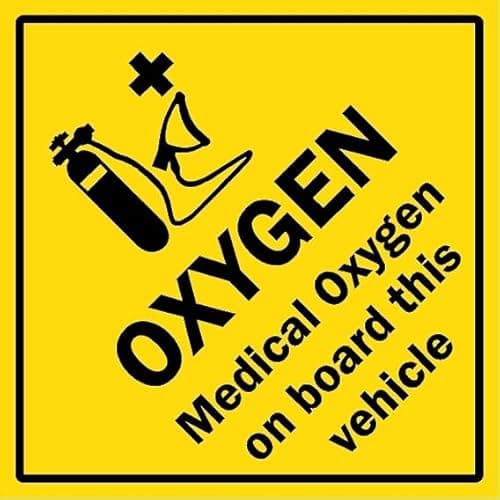 Image of Medical oxygen on board this vehicle safety sign - Self adhesive sticker (200mm x 200mm)