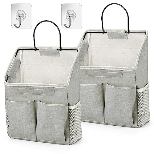 Image of Set of 2 Waterproof Hanging Storage Organizers - Linen - Foldable - With Pockets - For Nursery, Bathroom, Bedroom, Office, RV - Grey