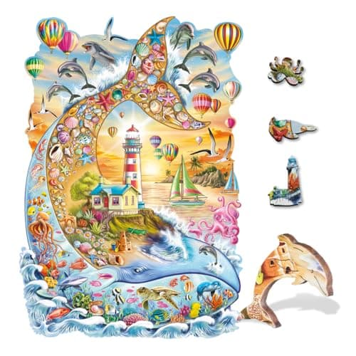Image of Wentworth Wooden Puzzles Whale at Sunset - 250 Pcs Adult Jigsaw Puzzle, Themed Irregular Pieces, Mark Gregory Waterside Design for Ocean Lovers - Sustainably Sourced Wood and British Made