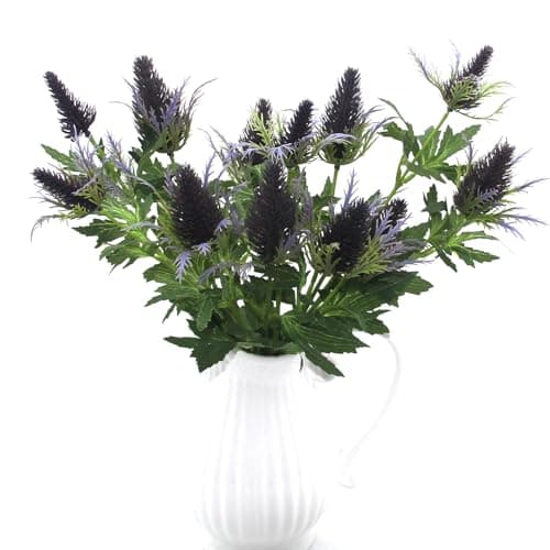 Image of HASWITDA 4 Stems Artificial Eryngium Thistle Flowers Faux Sea Holly Silk Long Stem Fake Flora for Outdoor Indoor Home Decoration Bouquet Wreaths Centrepiece Arrangement Purple WITHOUT VASE