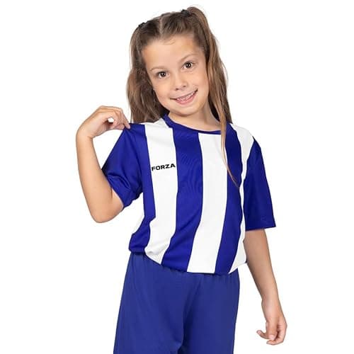 Image of FORZA Kids’ Striped Football Shirt | Quick Dry Short Sleeve Jersey for Boys & Girls – Breathable & Sweat-Wicking Training Top [Ages 5-14] (UK, Age, 11 Years, 12 Years, Regular, Blue & White)