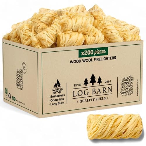Image of Log Barn Natural Firelighters Box of 200. Fire Lighters for Wood Burners, Pizza Ovens, Open Fires, BBQ Lighters, Fire Starters for Log Burners – Genuine Log Barn Wood Wool Firelighters