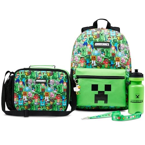 Image of Minecraft Backpack Set 5 Pcs Water Bottle Insulated Lunch Bag Pencil Case Drawstring Bag or Lanyard Keyring School Supplies (Green AOP)