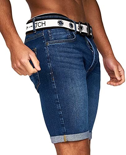 Image of Crosshatch Mens Stretch Denim Shorts Belted Knee Length Roll Up Faded Casual New, Mid Wash, 32W