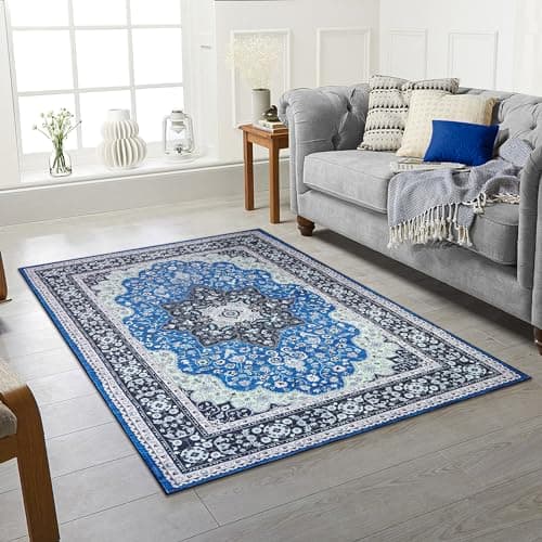 Image of Area Rugs for Bedroom Living Room Multi coloured Washable Rugs for Entryway Kitchen Mat Non Slip Bedside Vintage Rug, Soft Oriental Rug Accent Floor Carpet for Home Decor (AMIRA NAVY, 160 X 230 CM)