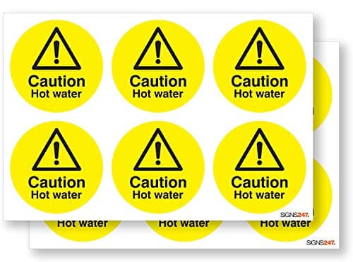 Image of Caution Hot Water Safety Stickers Sign - 12 Pack Self Adhesive 65mm Diameter Vinyl Signs
