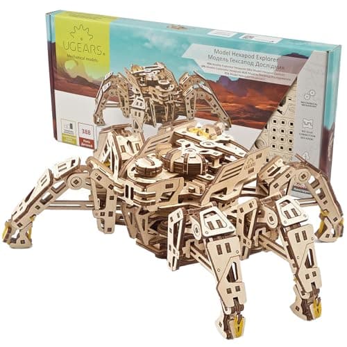 Image of Ugears Hexapod Explorer 3D Puzzle - Walking Robot Wooden Model Kits for Adults to Build - Self-Propelled 6-Legged Mechanical Crawler Craft Kit - 3D Wooden Puzzles for Adults for Christmas