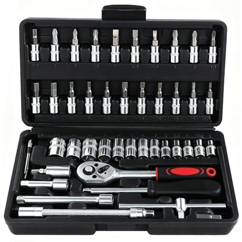 Image of WiMas 46PCS Socket Wrench Set, Ratchet Socket Set, Metric Drive Socket Wrench Ratchet Tools Kit, Screwdriver Bits Auto Vehicle Repair Tool 1/4 Inch (Black)