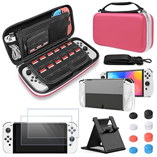 Image of FYOUNG Carry Case for Nintendo Switch OLED Case and Cover Accessories Bundle, Travel Carrying Case Bundle with Switch OLED Protective Case, Screen Protector, Thumb Grip Caps Accessories Kit - Pink