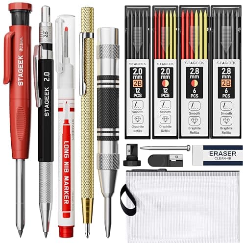Image of STAGEEK 14 Pack Mechanical Carpenter Pencil Set with Sharpener, Automatic Center Punch, Carbide Scribe Tool, Eraser and Deep Hole Marker Pen, Heavy Duty Construction Pencil for Architect-With Pouch