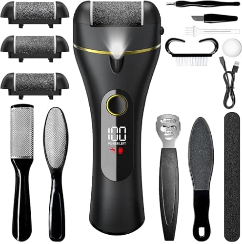 Image of Vexloria Electric Foot File, 16 in 1 Rechargeable Pedicure Kit, Waterproof Scrubber Dead Skin Removal Tool with 3 Rollers & 2 Speeds for Feet Care, Battery Display(Includes Blades