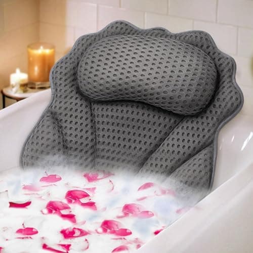 Image of Bath Pillow RUVINCE Ergonomic Luxury bathtub pillow with head,Neck, Shoulder and back support, 4D bath pillows for tub with 6 Powerful Suction Cups, Fits all Bathtub (Grey)