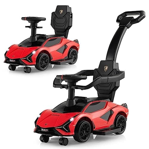 Image of COSTWAY 3 in 1 Ride on Push Car, Licensed Lamborghin Foot to Floor Slider with Removable Handle & Guardrail, USB, Headlights, Music, Under Seat Storage, Toddler Sliding Car for 18-60 Months (Red)