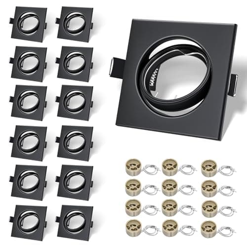 Image of LteelDay 12-Pack Matte Black Dual GU10 Recessed Ceiling Light Frames – 30° Adjustable Square Mounting Kit, 87x87mm, Cut-Out 68-80mm, for Twin Spotlights, Includes 12 VDE Sockets